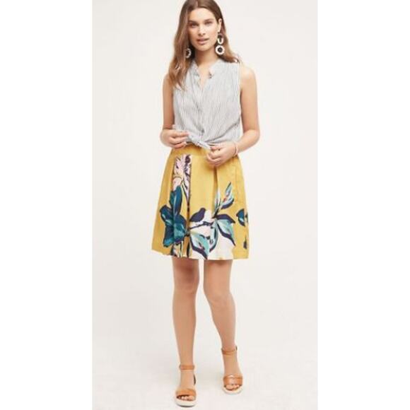 Anthropologie Maeve Tropicale Skirt Women's 2 Yellow Blue Floral Pleated Short - Picture 8 of 9